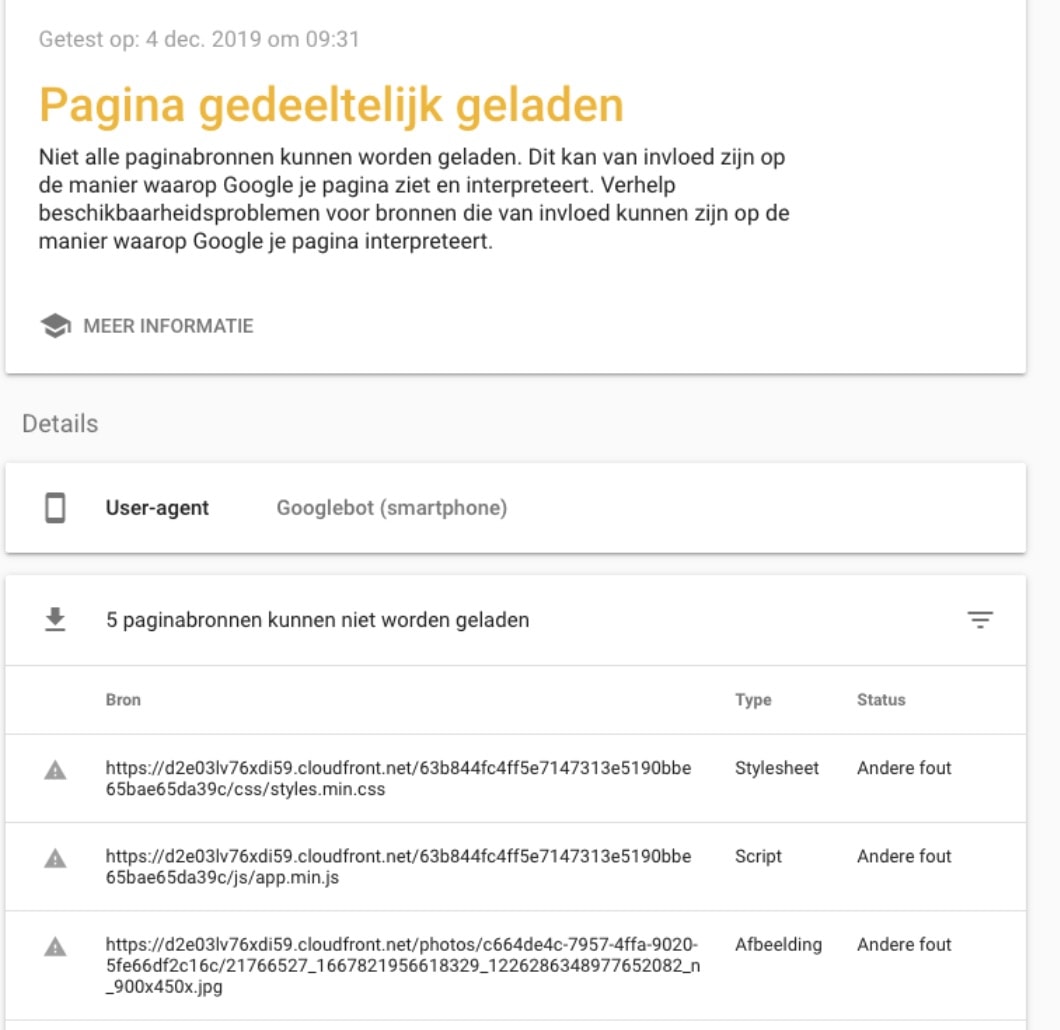 afbeelding van uitkomsten door de mobile friendly test van Google waardoor de pagina niet correct werd geladen