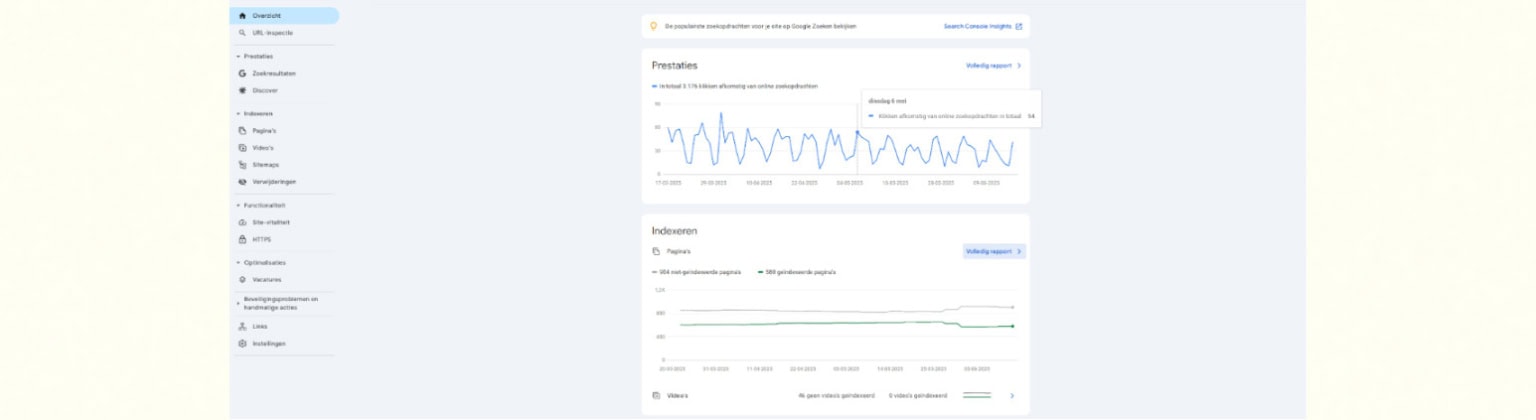 Screenshot van het Google Search Console prestaties en indexeren overzicht.