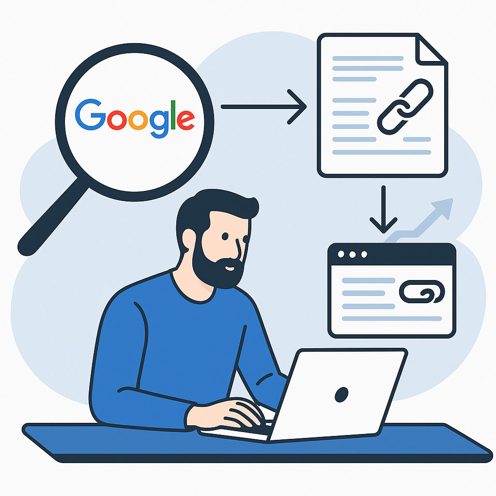 Man sitting behind laptop to see how link building outsourcing can improve his website