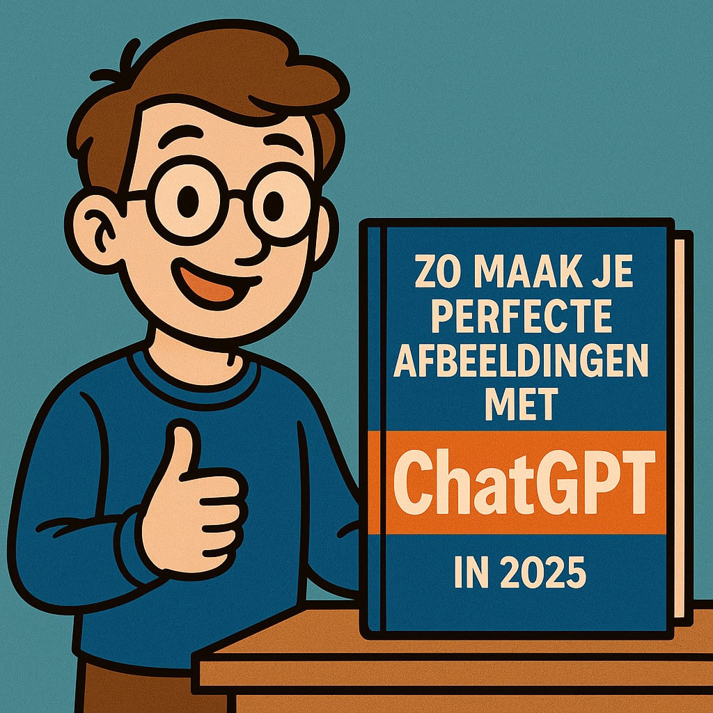 Cartoon die blij is met het boek: Zo maak je perfecte afbeeldingen met ChatGPT in 2025.